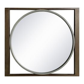 Round Wall Mirror with Rectangular Wooden Frame, Brown