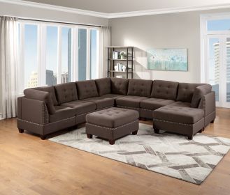 Modular Sectional 9pc Set Living Room Furniture Corner Sectional Tufted Nail heads Couch Black Coffee Linen Like Fabric 3x Corner Wedge 4x Armless Cha