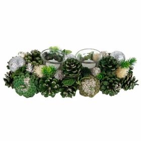 Northlight 13" Green Pinecone and Silver Glitter Ornaments Christmas Tealight Candle Holder