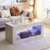 Modern Coffee Table with LED Light, Faux Marble High Glossy Coffee End Table with Open Storage for Living Room