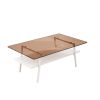 Rectangle Coffee Table, Tempered Glass Tabletop with White Metal Legs, Modern Table for Living Room , Brown Glass