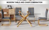 A table with four chairs. Glass dining table with 0.39 "tempered glass tabletop and wooden metal legs. PU leather high backrest cushioned side chair w