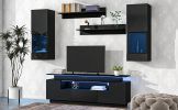 ON-TREND Stylish Functional TV stand, 5 Pieces Floating TV Stand Set, High Gloss Wall Mounted Entertainment Center with 16-color LED Light Strips for