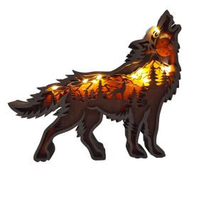 Wooden Animal Wolf Statue Creativity Wolf Totem Office Home Decorate Crafts Christmas Gift North Forest Elk Brown Wolf Ornaments (Color: Wolf, size: With light)